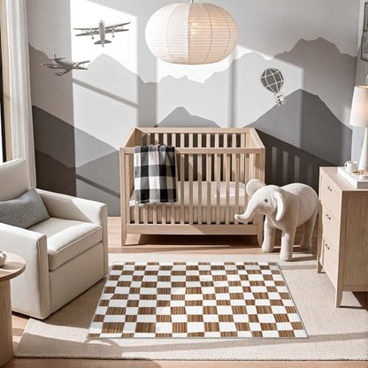 jinchan 3x5 Area Rug Washable Modern Checkered Rug for Kids Room, Brown - color: Checkered Brown, size: 3' x 5' (Rectangular)