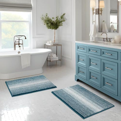 BSICPRO Bathroom Rugs Sets 2 Piece, Non Slip Striped Bath Mats, Teal - color: Teal, size: 20" x 32" Plus 16" x 24"