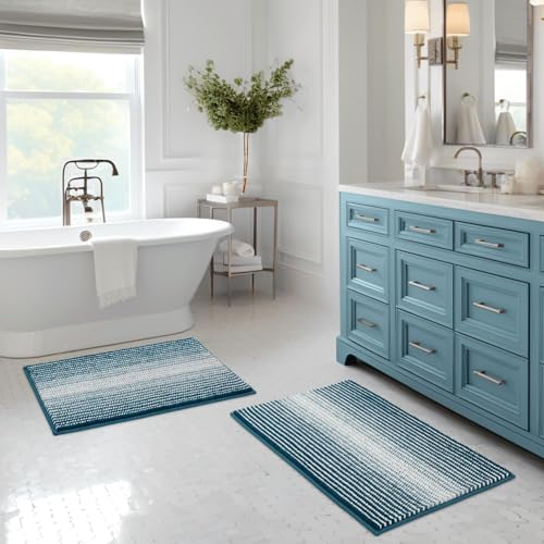 BSICPRO Bathroom Rugs Sets 2 Piece, Non Slip Striped Bath Mats, Teal - color: Teal, size: 20" x 32" Plus 16" x 24"