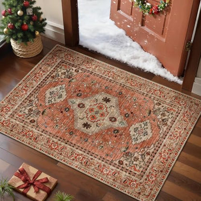 Tangsoo Boho Small Area Rug, 2x3 Washable Throw Rugs for Entryway, Non Slip - color: Terracotta/Tan, size: 2' X 3' (Rectangular)