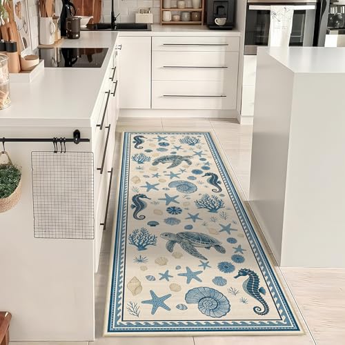 Coastal Nautical 2x6 Runner Rug for Hallway Kitchen Bedroom Sea Turtle - color: Coastal, size: 2' x 6' (Rectangular)