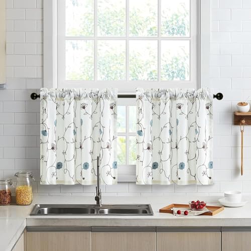 VOGOL Blue Floral Embroidered Tier Curtains, 30 x 24 Inches, 2 Panels - color: Blue, size: 30"W x 24"L (Pack of 2)