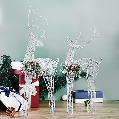 2pc Set White Pinecone Rattan Silver Thread String Christmas Reindeer Figurine Table Desk Decorations Glittering Xmas Holiday Party Supply - color: Silver
