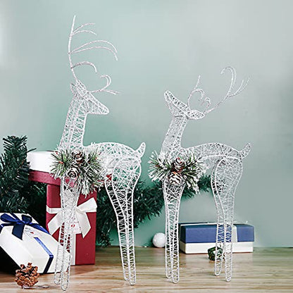 2pc Set White Pinecone Rattan Silver Thread String Christmas Reindeer Figurine Table Desk Decorations Glittering Xmas Holiday Party Supply - color: Silver