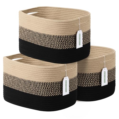 ECDYQXVU 15x10x9 Inch Woven Cotton Rope Storage Basket, 3 Pack - color: Gradient Black/Brown, size: 3 Pack