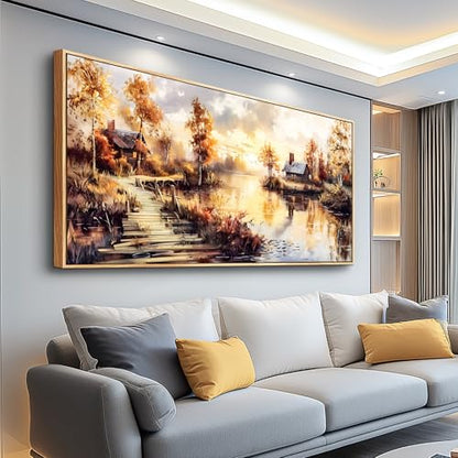 Large Framed Landscape Wall Art, Riverside Meadow Scenery Painting Print - color: Countryside Painting Wood Framed, size: 48"L x 24"W
