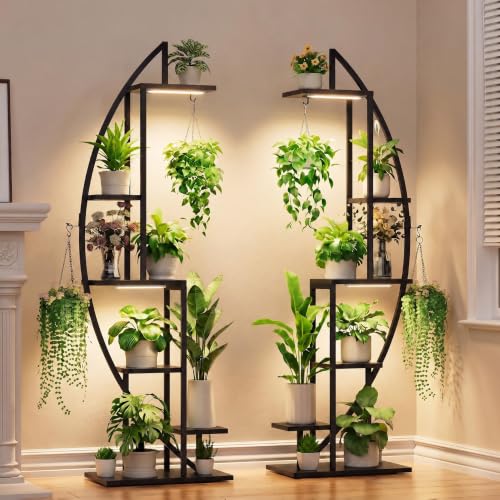 BACEKOLL Plant Stand with Grow Light, 2 Pack Tall Indoor Plant Shelf 6 Tier - color: Black + Black