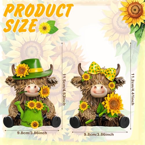 2 Pcs Resin Highland Cow Figurine Decor, Brigh Sunflower Style - style: Bright Sunflower