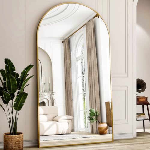 Easly 77" x 38" Arched Full Length Mirror with Gold Aluminum Frame - Oversized Floor Mirror for Bedroom, Living Room & Gym - Wall Mounted/Standing/Leaning Design - color: 3877-gxzjgd, size: 77"L x 38"W
