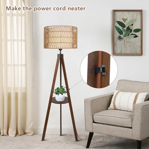 LAMSU Boho Tripod Floor Lamp with Shelves, Mid Century Wood Standing Lamp with Rattan & Fabric Shades, ON/Off Foot Switch, Modern Farmhouse Tall Floor Lamps for Living Room Bedroom Office - color: Walnut Brown