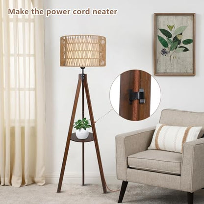 LAMSU Boho Tripod Floor Lamp with Shelves, Mid Century Wood Standing Lamp with Rattan & Fabric Shades, ON/Off Foot Switch, Modern Farmhouse Tall Floor Lamps for Living Room Bedroom Office - color: Walnut Brown