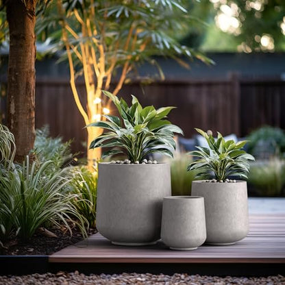 Kante Set of 3 CON Gray Concrete Curved Planters 16.5" 13" 9.4" Dia - color: Light Gray, size: Set of 3: 15.3" + 11.6" + 8.2" D