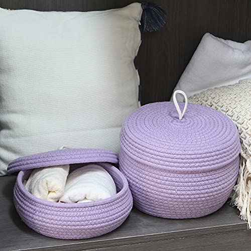 Sea Team Round Woven Cotton Rope Storage Basket with Lid, Lavender - color: Lavender, size: Small