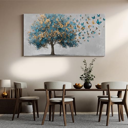 YISXINOAG Blue Gold Tree of Life Wall Art Butterfly Landscape Print 24"X48" - color: grey green, size: 48"L x 24"W
