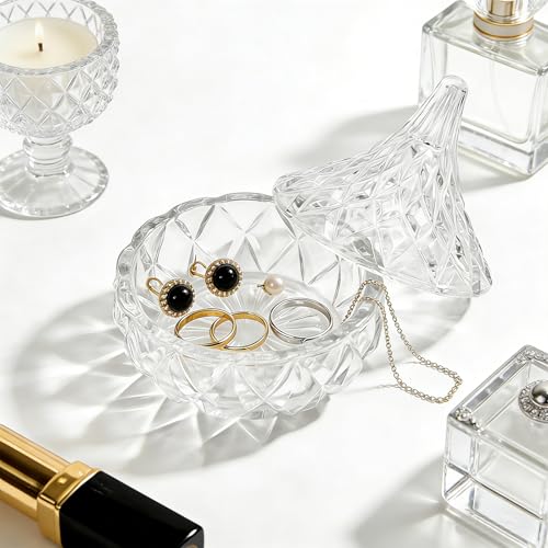 Glass Jewelry Box, Crystal Candy Dish with Lid, Ring Box, Small Trinket Dish, Jewelry Organizer Dish with Lid, Decorative Jewelry Bowls for Home Decor, Christmas Birthday Gifts for Women (Classic) - style: Classic