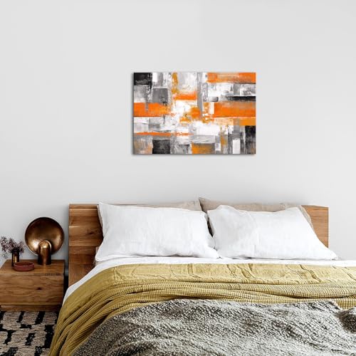 iKNOW FOTO Orange Grey Abstract Canvas Wall Art Modern Geometric Painting for Living Room Bedroom Office Framed Contemporary Textured Artwork Ready to Hang 24x36 Inch