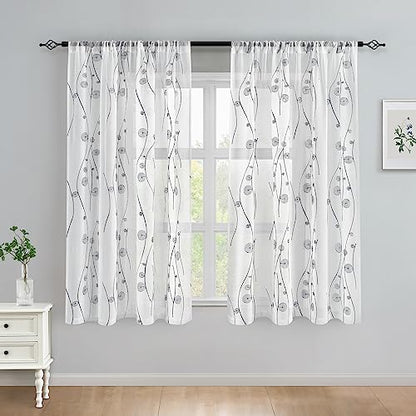 HOMEIDEAS Grey and White Sheer Curtains 52 X 63 Inches Length 2 Panels Embroidered Wave Line with Spiral Pattern Pocket Faux Linen Semi Sheer Voile Window Curtains/Drapes for Bedroom Living Room - color: Grey and White, size: 52"W x 63"L (Pack of 2)