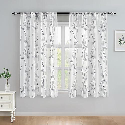 HOMEIDEAS Grey and White Sheer Curtains 52 X 63 Inches Length 2 Panels Embroidered Wave Line with Spiral Pattern Pocket Faux Linen Semi Sheer Voile Window Curtains/Drapes for Bedroom Living Room - color: Grey and White, size: 52"W x 63"L (Pack of 2)