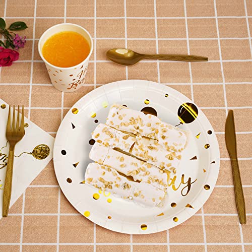 200 pieces of white and gold birthday party supplies, disposable happy birthday tableware set, gold plastic knives, forks, spoons, straws. Birthday themed tray, cup,25Guests（white） - color: White