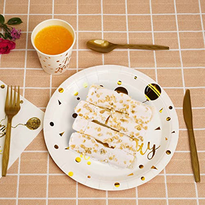 200 pieces of white and gold birthday party supplies, disposable happy birthday tableware set, gold plastic knives, forks, spoons, straws. Birthday themed tray, cup,25Guests（white） - color: White