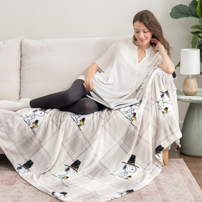 Berkshire Blanket Peanuts® VelvetLoft® Cute Character Snoopy Plush Throw Blanket,Lakeside Plaid Harvest Snoopy and Woodstock Grey,Throw 55 in x 70 in (Official Peanuts® Product) - color: Lakeside Plaid Harvest Snoopy and Woodstock Grey, size: Throw (55 in
