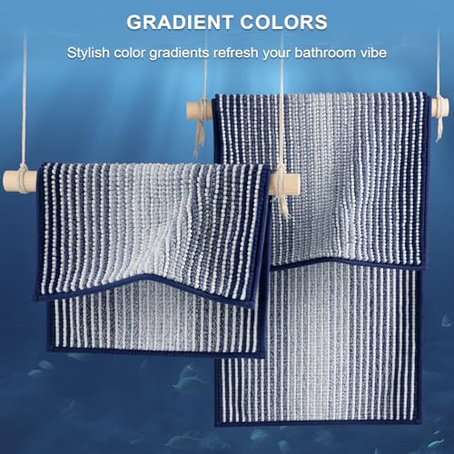 BSICPRO Bathroom Rugs Sets 2 Piece, Non Slip Striped Bath Mats, Navy - color: Navy, size: 20" x 32" Plus 16" x 24"