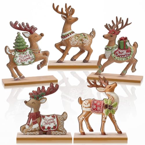 RattanView 5 Pcs Gingerbread Christmas Table Decorations Wooden Ginger Bread Reindeer Decor Christmas Centerpiece Ginger Bread Village Xmas Reindeer Tiered Tray Home Decor with Base for Party - style: Gingerbread Reindeer