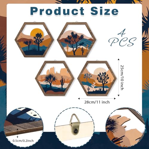 HPNIUB 4 Pcs Boho Mountains Scenery Wall Art Decor, Farmhouse Abstract Sunrise Trees Desert Cactus Hanging Wood Sign for Living Room, Aesthetic Bohemian Botanical Wooden Plaque for Apartment Bedroom(11''x9.8'') - color: Abstract desert scenery