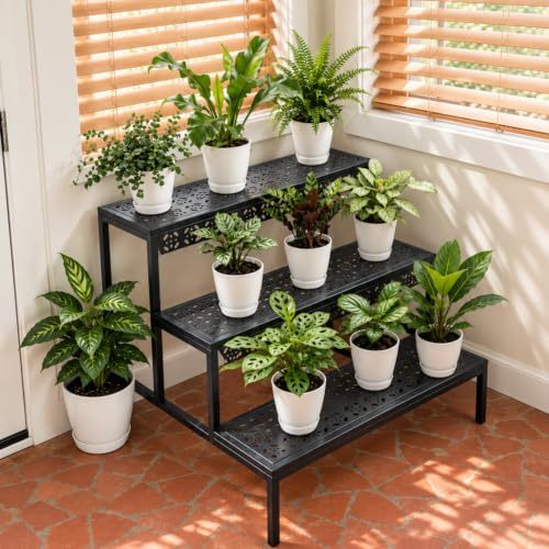 Garden 4 you 3-Tier Rectangular Metal Plant Stand, Ladder Flower Pot Rack - color: Black, size: 27.5"L x 23.6"W x 23.6"H