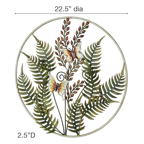 Fern Leaf Nature Metal Wall Sculpture | Handpainted Green, Brown, Ivory, and Gold Earth Tones | Dimensional Textured Botanical Fern Frond Round Wall Art | Textured Metallic Butterfly Circle Wall Decor