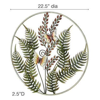 Fern Leaf Nature Metal Wall Sculpture | Handpainted Green, Brown, Ivory, and Gold Earth Tones | Dimensional Textured Botanical Fern Frond Round Wall Art | Textured Metallic Butterfly Circle Wall Decor