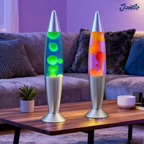 JAMBO 2 Pack- 16" Beautiful Lamp- Blue with Yellow/Green Wax and Purple with Yellow Wax, Relaxing Liquid Lamp, Night Light Nightlight, Lamps for Adults Teens Kid - color: Silver Base, Blue Liquid, Yellow Wax AND Silver Base, Purple Liquid, Yellow Wax