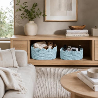 Endymion Set of 2 Paper Rope Scalloped Basket, Wicker Storage Baskets Blue - color: Blue