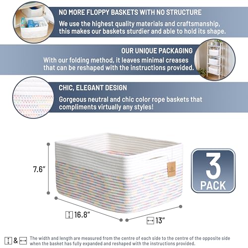 NaturalCozy Storage Baskets 16.8”x13”x7.6” Cotton Rope Woven Baskets for Organizing 3-Pack | Toy Storage Bins | Basket for Shelves, Laundry, Blanket, Clothes, Closet, Kitchen, Bathroom, Gifts - color: Off White & Rainbow Stitching
