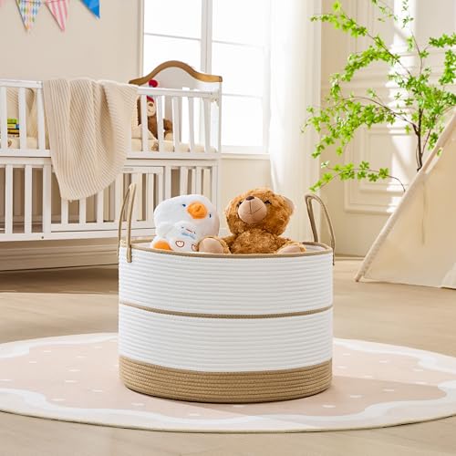 KAKAMAY Large Blanket Basket with Handles, Storage Basket for Living Room - color: Brown and White