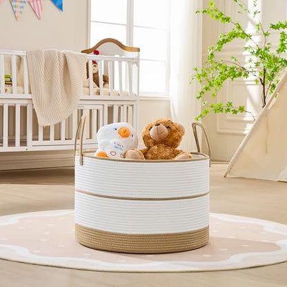 KAKAMAY Large Blanket Basket with Handles, Storage Basket for Living Room - color: Brown and White