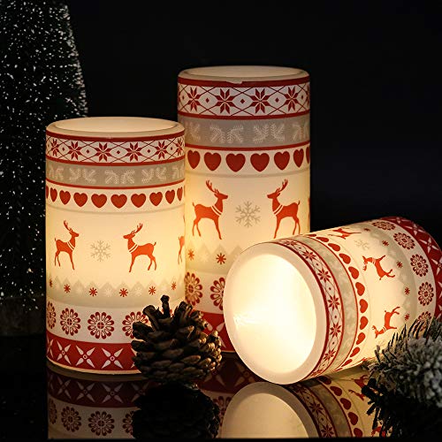 GenSwin Flameless Flickering Led Candles Battery Operated with 6 Hours Timer, Real Wax Pillar Candles Warm Light Love Deer Decal Decor Gift(Pack of 3) - color: Red Deer