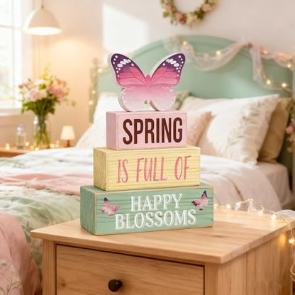 Spring Decoration Wooden Tiered Tray Decor – Butterfly Spring Stacked Block Sign with Floral Accents – Farmhouse Tabletop Spring Decor for Shelf Mantel Seasonal Home Display - style: Butterfly