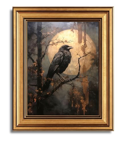 vineolect Vintage Raven Gold Framed Wall Art Gothic Full Moon Crow Painting Dark Forest Artwork Dark Academia Home Decor for Living Room Bedroom Office 16''x24'' - color: Vintage Raven Branch, size: 24"L x 16"W