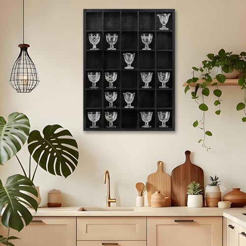 2 Pack Shot Glass Display Case - Black Wooden Wall Mounted Shadow Box Cabinet - 30 Slots, Removable Adjustable Shelves for Miniatures, Thimbles, Bar Home Kitchen Decor, 16.9x12.2 Inch, Black