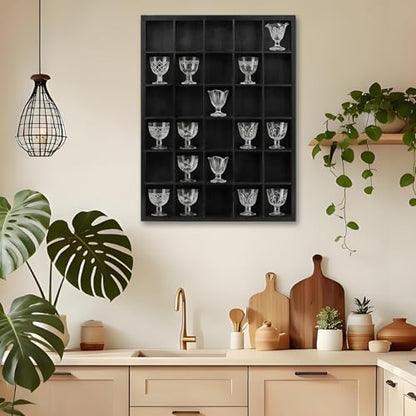 2 Pack Shot Glass Display Case - Black Wooden Wall Mounted Shadow Box Cabinet - 30 Slots, Removable Adjustable Shelves for Miniatures, Thimbles, Bar Home Kitchen Decor, 16.9x12.2 Inch, Black