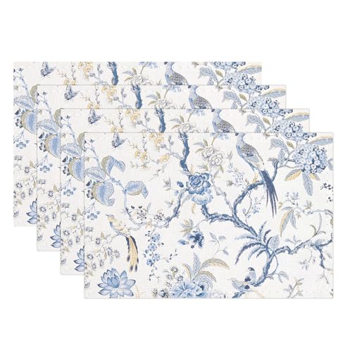Snycler Table Runner Blue White Bird Flower Chinoiserie Table Runners Modern Elegant Luxury Farmhouse Geometric Table Center White Linen Decor for Home Dining Party Entrance (12x18 Inch,Set of 4) - color: Chinoiserie #1, size: 12" x 18"