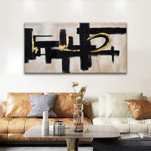 Black And Off-White Abstract Canvas Wall Art For Living Room Prints 24 x 48 - color: black gold, size: 48"L x 24"W