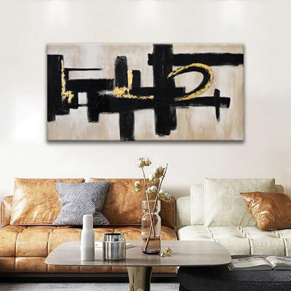 Black And Off-White Abstract Canvas Wall Art For Living Room Prints 24 x 48 - color: black gold, size: 48"L x 24"W