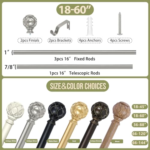 TANGWIN Farmhouse Curtain Rod Adjust 18-60",Heavy Duty Boho,Antique Silver - color: Antique Silver, size: 18-60" & 1pack