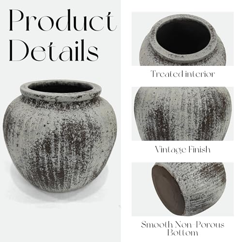 Oakrain Large Rustic Decorative Vase, 11" Distressed Gray Round Floor Vase