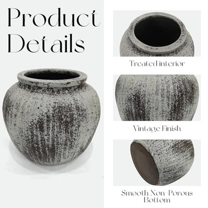 Oakrain Large Rustic Decorative Vase, 11" Distressed Gray Round Floor Vase