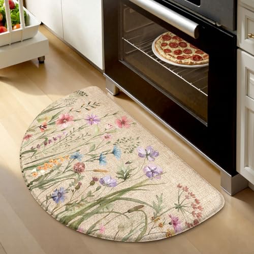 KIMODE Kitchen Mat Cushioned Anti Fatigue, Half Moon Floral Kitchen Rug - color: Floral/Brown, size: 28"L x 18"W x 0.5"Th (Semicircular)