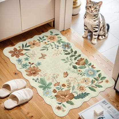 Lahome Floral Small Rug, 2X3 Kitchen Rugs Non Slip Washable Rug Ultra-Thin - color: Beige, size: 2' x 3'(Rectangular)