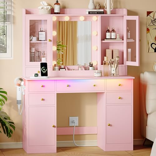 Xixini 44" Vanity Desk with Mirror & Lights, Glass Storage Cabinets, Pink - color: Pink